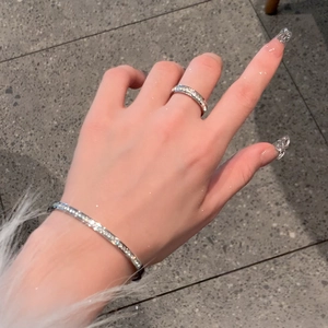 Minimalist silver titanium steel bangle and ring set with sparkling full diamond inlay