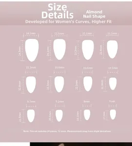 Size chart showing 24pcs of short almond press on nails with 12 precise dimensions