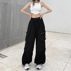 Women's American retro black cargo pants with loose straight fit and multi-pocket design