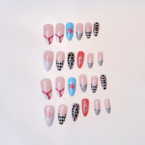 24pcs almond press-on nails featuring red stars, checkerboard, and leopard patterns