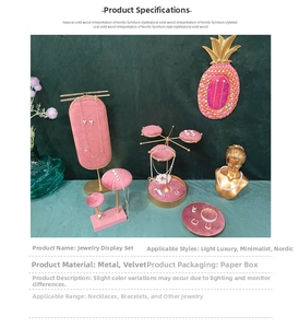 Pink velvet and gold metal jewelry display stand set for necklaces and rings