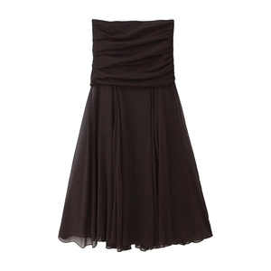 Women Strapless Pleated Maxi Dress Elegant Coffee Polyester Chiffon Solid Color Evening Party Socialite Long Dress