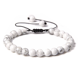 Handmade 6mm white marble natural stone bead bracelet with black braided adjustable cord