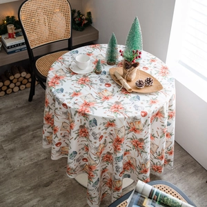 Christmas velvet tablecloth with red flowers and pine cones pattern for round dining tables
