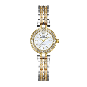 Luxury quartz watch with two-tone diamond strap and white mother-of-pearl dial on white background