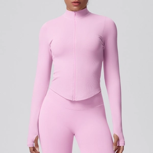 Women's light pink seamless high-stretch yoga jacket with thumb holes and full zipper