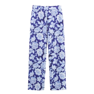 Pantalon large à imprimé floral bleu et blanc avec taille élastique pour les vacances