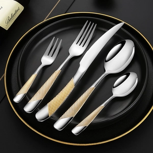 Luxury Stainless Steel Cutlery Flatware Knife Fork Spoon Mirror Polished Gold Diamond Pattern Handle Dinnerware