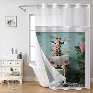Detail showing giraffe reading newspaper print on waffle fabric shower curtain