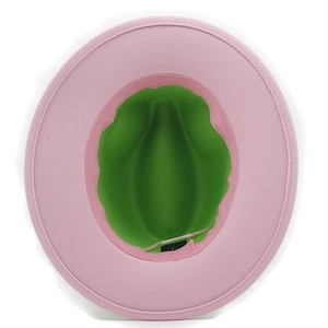 Wide brim wool fedora in two-tone pink and lime green from an overhead top view