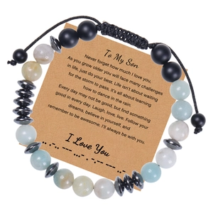 Detail of Morse code beaded bracelet with amazonite stones on a sentiment card