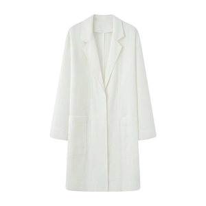 White mid-length long-sleeved coat with waffle texture and lapel collar in a flat lay view