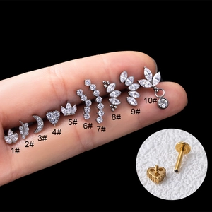 G23 titanium labret stud set with zircon crown and moon shapes for cartilage piercing