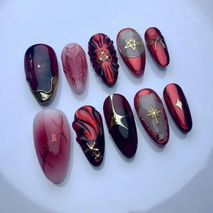 Gothic Dark Star Sky Press On Nails Cat Eye Effect Almond Shape ABS Plastic With Relief Stars For Women