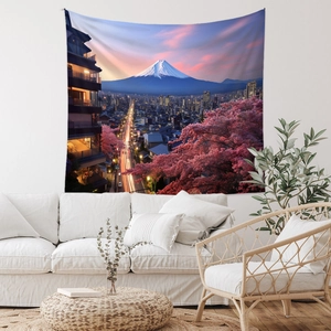 Detailed macro view of Mount Fuji tapestry featuring cherry blossoms and city lights