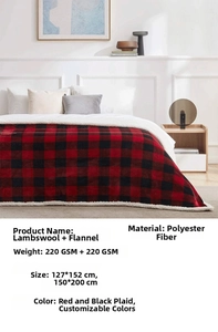 Macro detail of the 440GSM red and black checkered flannel and sherpa double-layer fabric