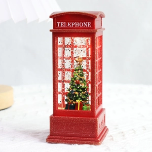 Red Christmas telephone booth lantern with glowing LED light and swirling snowflakes