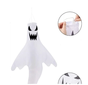 Detail view of Halloween ghost windsock with LED battery box and face print texture