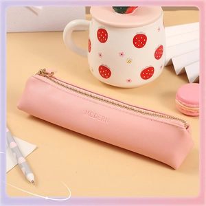 Pink PU leather triangle pencil case with gold zipper and embossed MODERN text