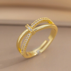 Adjustable gold double layer crisscross ring with pavé sparkling zircon stones