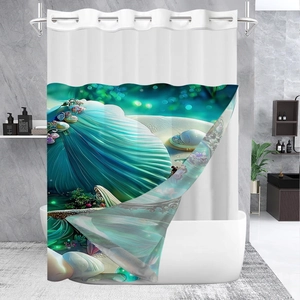 Detailed ocean pattern print with giant pearl shell on waterproof waffle shower curtain