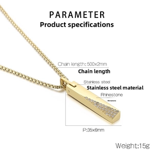 Detail showing 35x6mm gold stainless steel bar pendant with box chain and rhinestones