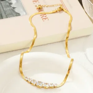 Gold plated titanium steel herringbone necklace with gradient square green zircons