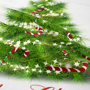 Dettaglio dell'arazzo dell'albero di Natale con bastoncini di zucchero e trama del tessuto