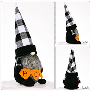 Detailed views of a Halloween faceless gnome doll holding a BOO banner in front and back sides