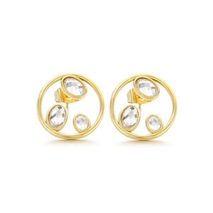 Elegant gold hollow circle stud earrings with inlaid rhinestones on a white background