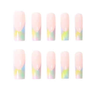 French tip rainbow gradient long coffin press-on nails with shimmering pearlescent finish