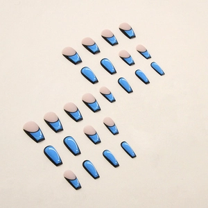 Blue pop art cartoon style press-on nails with 2D comic effect in ballet shape