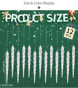 Macro detail showing 12pcs clear acrylic icicle ornaments with product size dimensions
