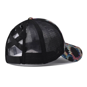 Detail of sunflower baseball cap showing the criss-cross elastic ponytail hole design