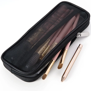 Large capacity black nylon mesh makeup brush bag with zipper for travel toiletries