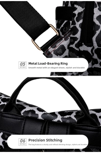 Detail of leopard print backpack featuring golden D-ring hardware and reinforced stitching