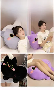 Detail of plush cat pillow with colorful Lucky embroidery and soft velvet texture