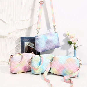 Women Rainbow Gradient Crossbody Bag PU Leather Diamond Quilted Shoulder Bag Macaron Color Trendy Square Messenger Bag