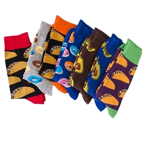 Colorful cotton crew socks featuring taco, donut, and avocado patterns in assorted colors