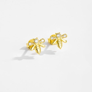 Minimalist S925 sterling silver golden bee stud earrings with sparkling zircon stones