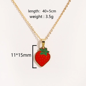 Detail view of strawberry pendant necklace with measurements 40+5cm length and 11x15mm size