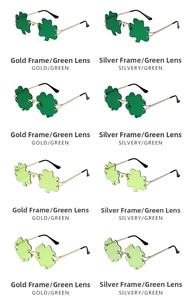 Macro detail of St. Patrick's Day clover leaf sunglasses in gold and silver frames