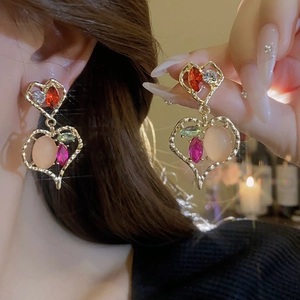 Vintage luxury heart drop earrings with colorful gemstones in a golden alloy setting