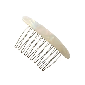Glossy white acetate hair comb with silver metal teeth for fringe styling and hair fixing