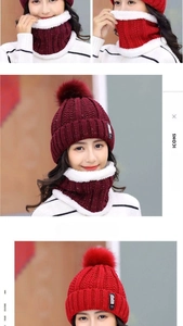 Detailed view of winter knitted hat and neck gaiter set with fleece lining and pom-poms