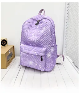 Detalle de mochila acolchada violeta con corazones blancos y bolsillo delantero con cremallera