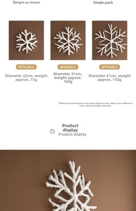 Size chart showing large white faux snowflake decorations in 22cm, 31cm, and 41cm diameters