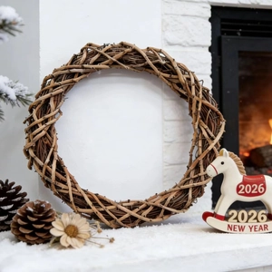 Natural brown vine wreath for DIY floral crafts on a rustic white fireplace background