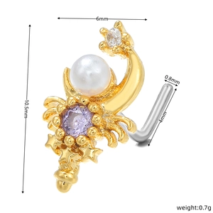 Detail of L-shaped gold nose stud with purple stone, white pearl, and precise measurements