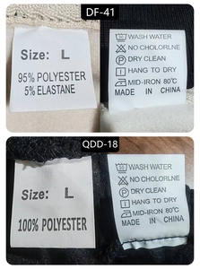 Detail view of clothing care label showing fabric composition and washing instructions